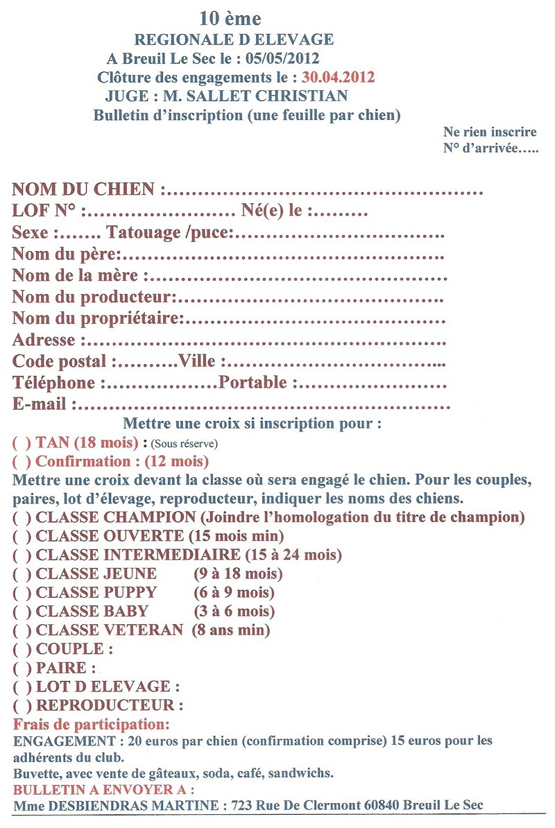 Feuille d'engagement à la 10ème Régionale d'Elevage (Breuil le Sec, le 5 Mai 2012)